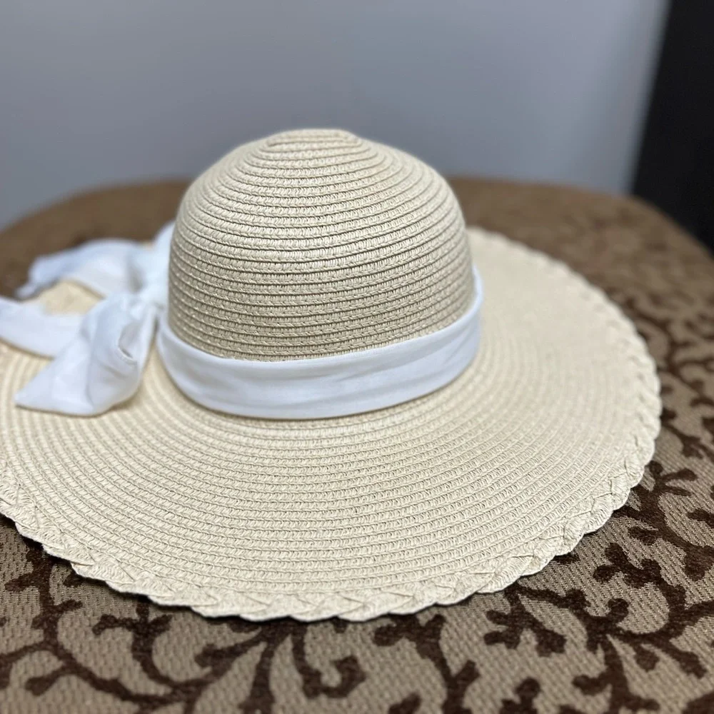 Straw Sun Hat with White Bow - Women's Beach Hat